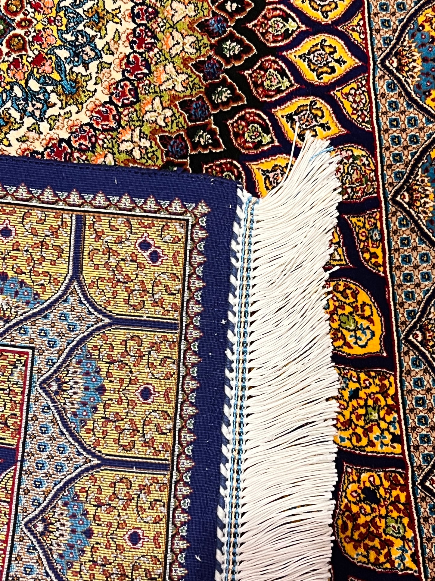 23” × 35” Luxury Turkish Bamboo Silk Rug – Royal Blue & Gold Geometric Starburst Medallion Accent Rug