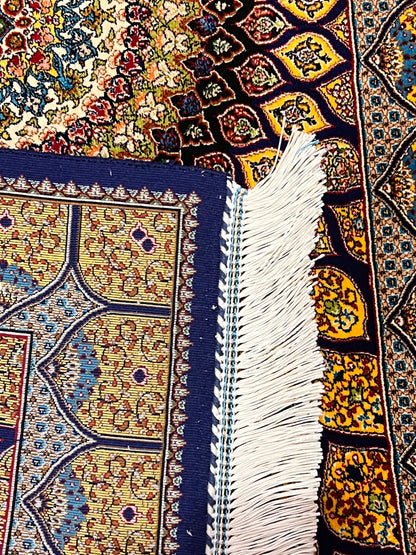 23” × 35” Luxury Turkish Bamboo Silk Rug – Royal Blue & Gold Geometric Starburst Medallion Accent Rug