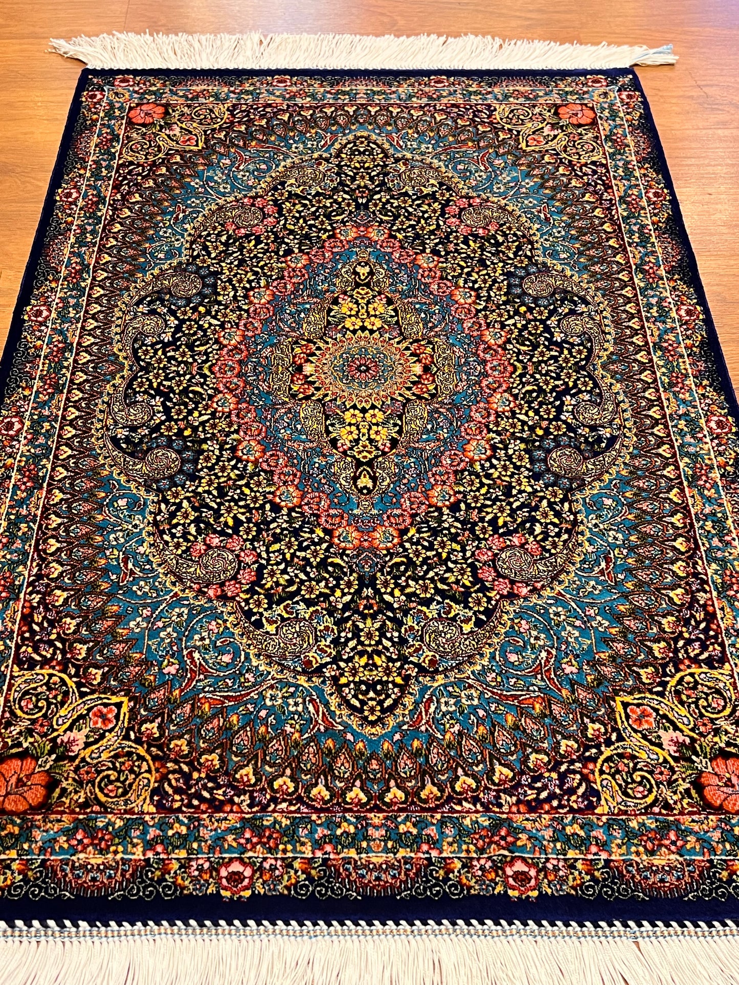 23” × 35” Luxury Turkish Bamboo Silk Rug – Navy Blue & Turquoise Floral Medallion, Elegant Accent Rug