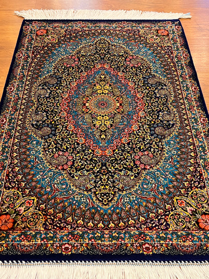 23” × 35” Luxury Turkish Bamboo Silk Rug – Navy Blue & Turquoise Floral Medallion, Elegant Accent Rug