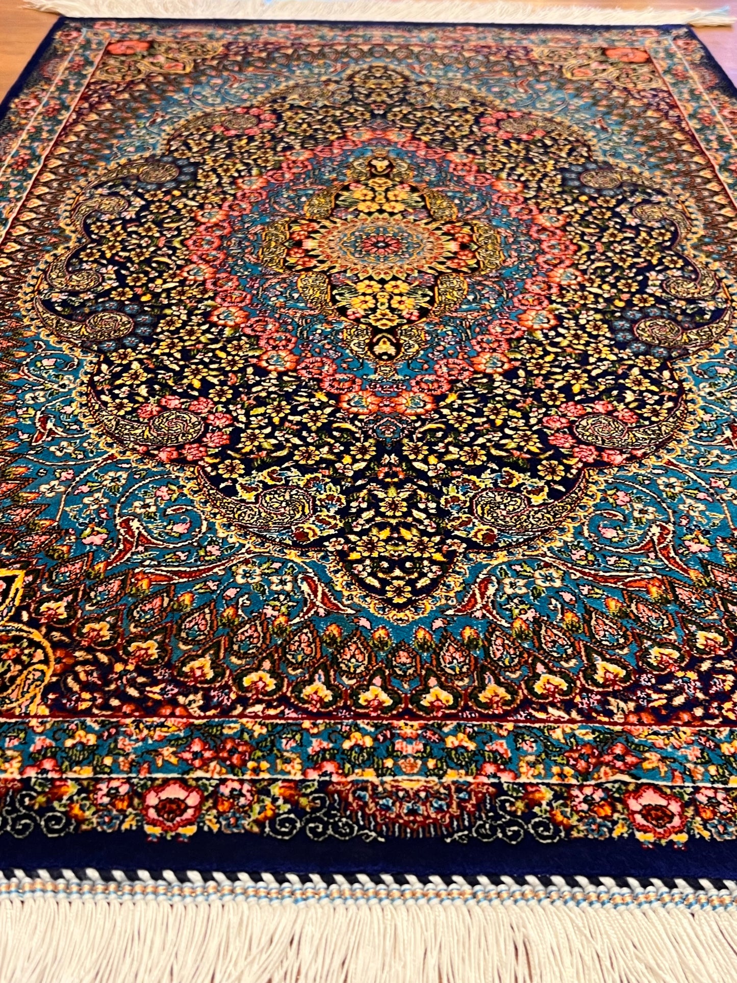 23” × 35” Luxury Turkish Bamboo Silk Rug – Navy Blue & Turquoise Floral Medallion, Elegant Accent Rug