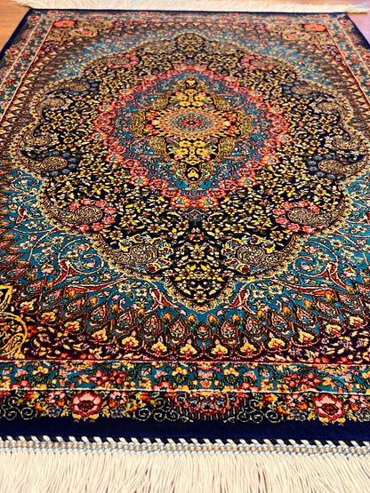 23” × 35” Luxury Turkish Bamboo Silk Rug – Navy Blue & Turquoise Floral Medallion, Elegant Accent Rug