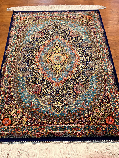 23” × 35” Luxury Turkish Bamboo Silk Rug – Navy Blue & Turquoise Floral Medallion, Elegant Accent Rug