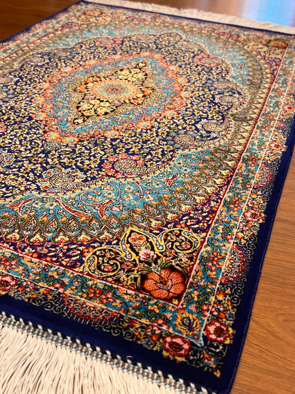 23” × 35” Luxury Turkish Bamboo Silk Rug – Navy Blue & Turquoise Floral Medallion, Elegant Accent Rug