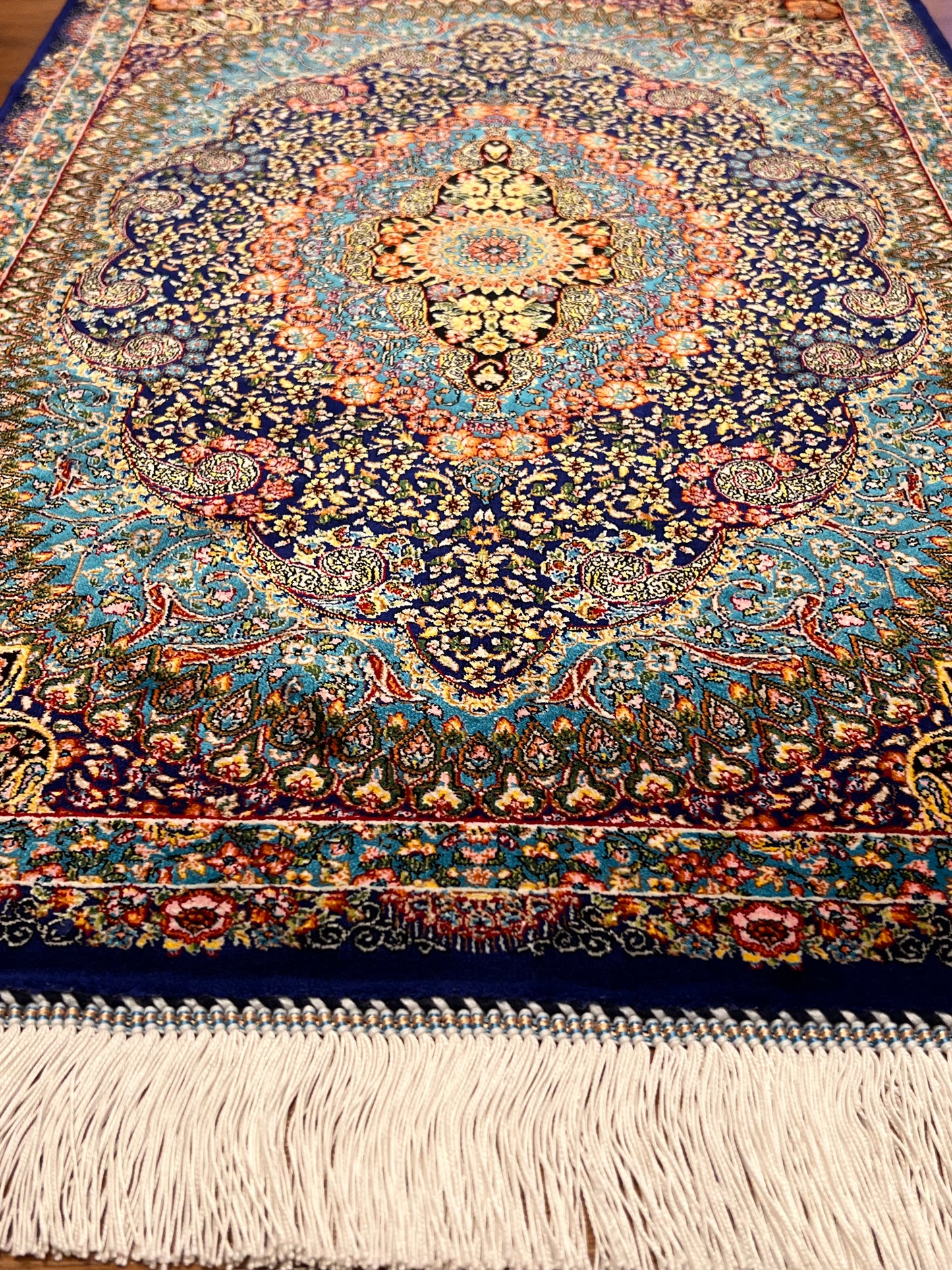 23” × 35” Luxury Turkish Bamboo Silk Rug – Navy Blue & Turquoise Floral Medallion, Elegant Accent Rug