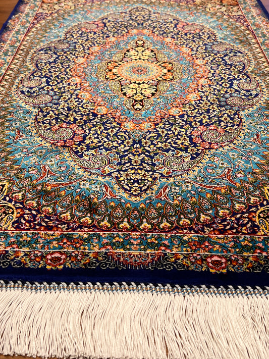 23” × 35” Luxury Turkish Bamboo Silk Rug – Navy Blue & Turquoise Floral Medallion, Elegant Accent Rug