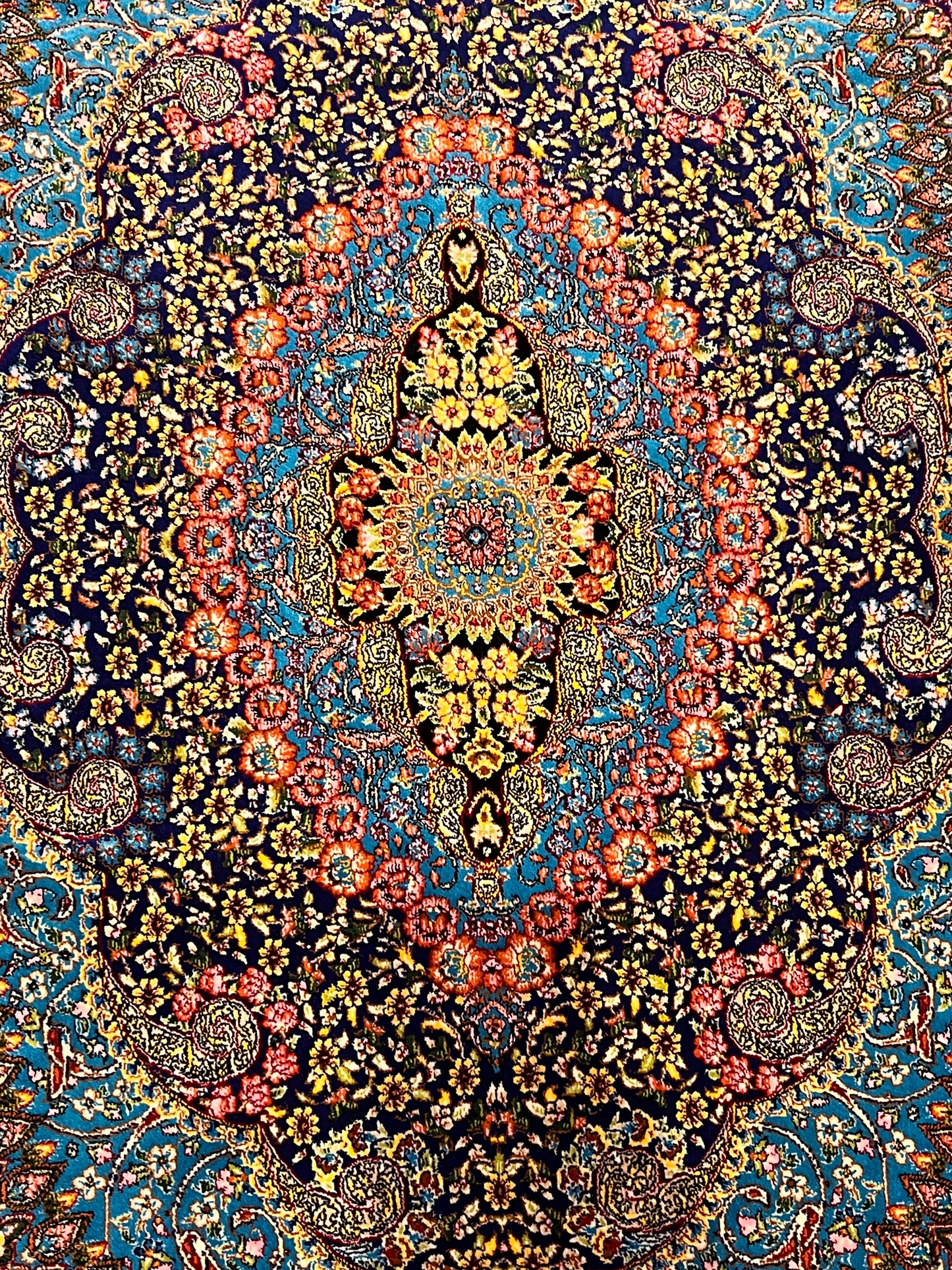23” × 35” Luxury Turkish Bamboo Silk Rug – Navy Blue & Turquoise Floral Medallion, Elegant Accent Rug