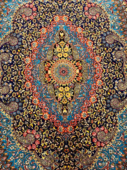 23” × 35” Luxury Turkish Bamboo Silk Rug – Navy Blue & Turquoise Floral Medallion, Elegant Accent Rug