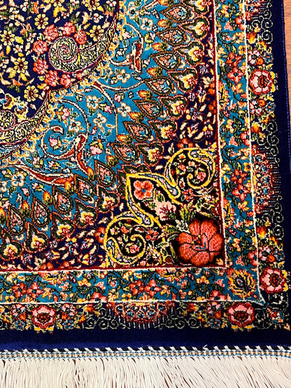23” × 35” Luxury Turkish Bamboo Silk Rug – Navy Blue & Turquoise Floral Medallion, Elegant Accent Rug