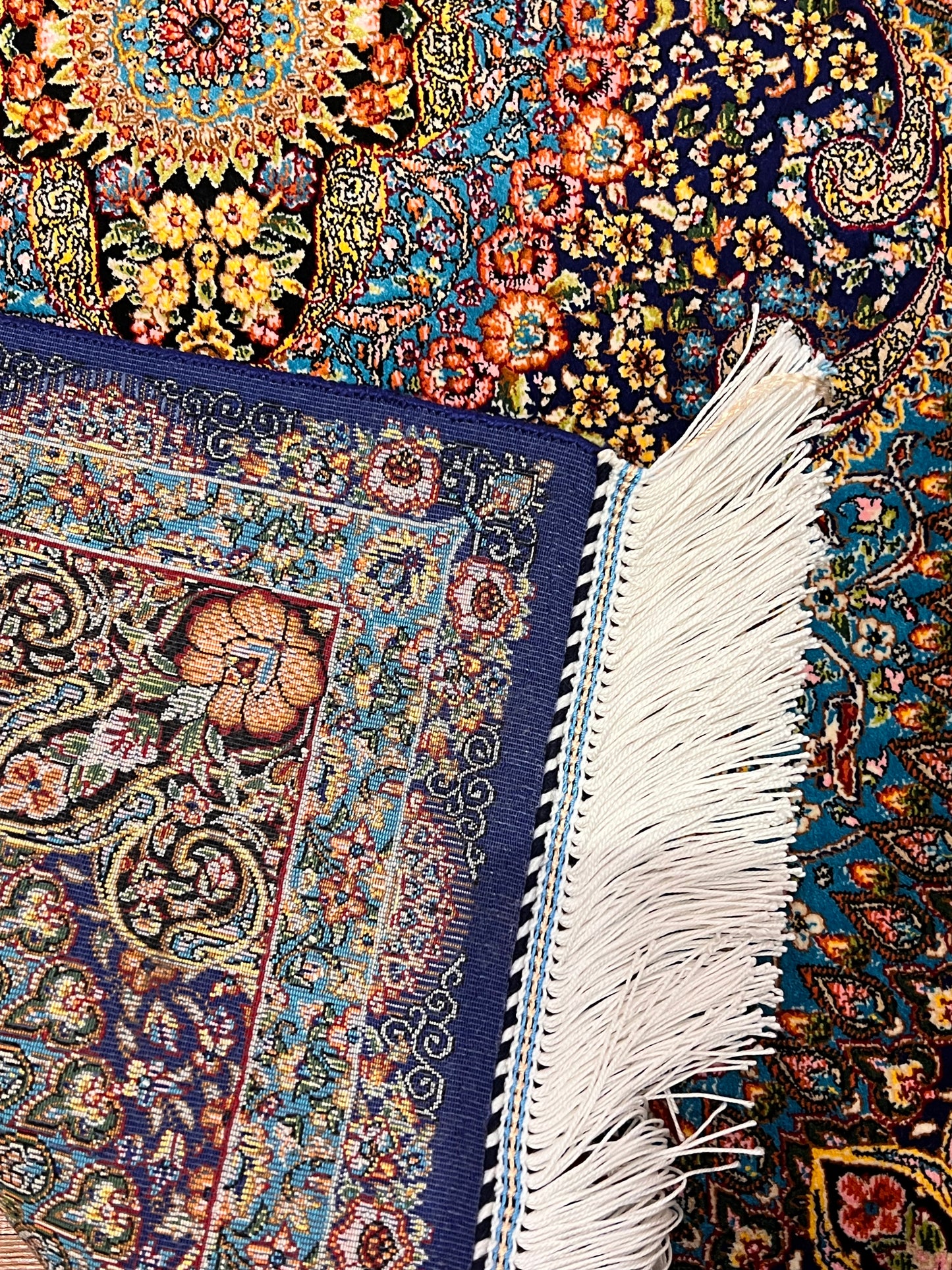 23” × 35” Luxury Turkish Bamboo Silk Rug – Navy Blue & Turquoise Floral Medallion, Elegant Accent Rug