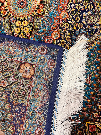 23” × 35” Luxury Turkish Bamboo Silk Rug – Navy Blue & Turquoise Floral Medallion, Elegant Accent Rug