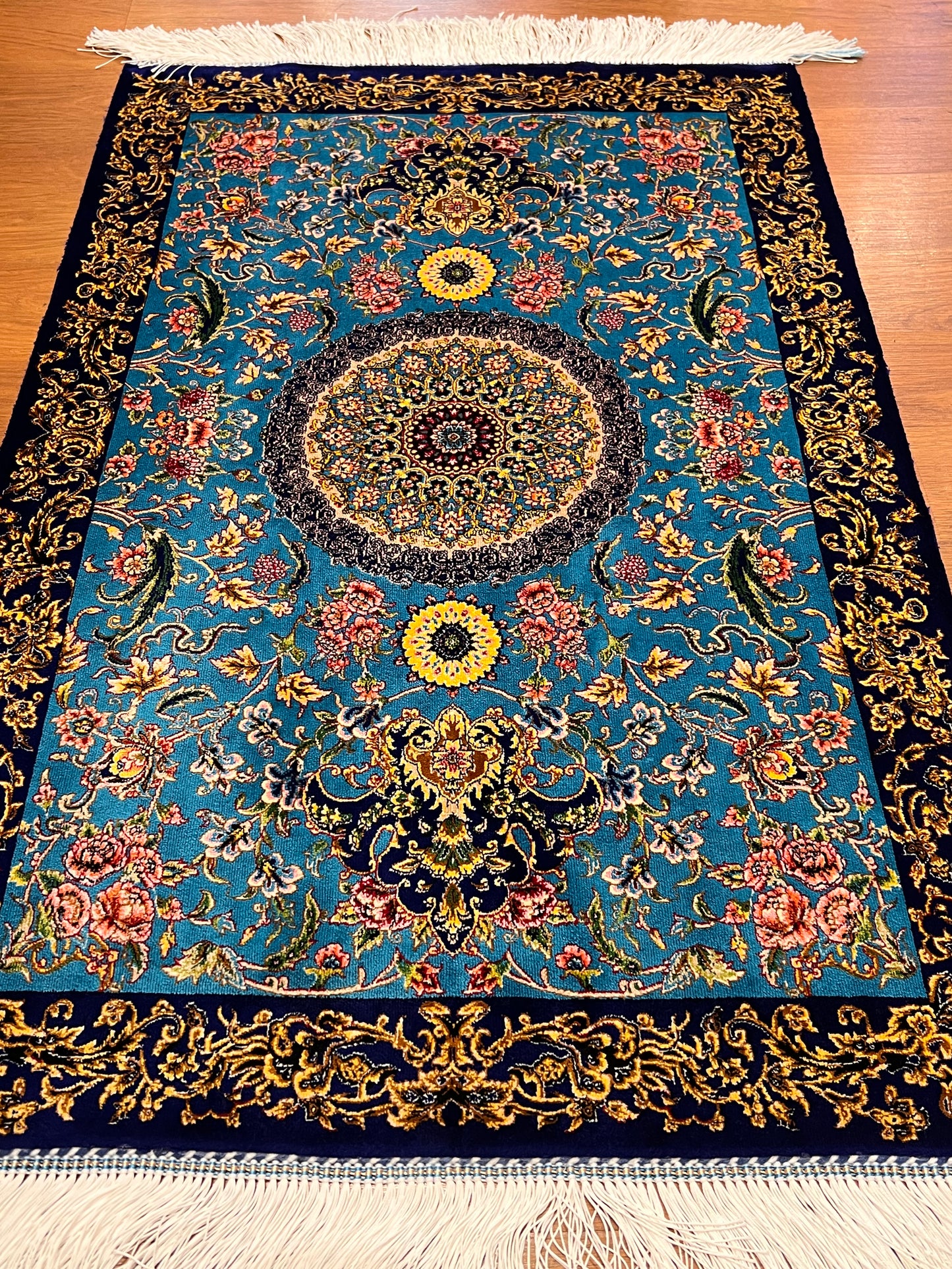 23” × 35” Luxury Turkish Bamboo Silk Rug – Turquoise Blue & Navy Gold Floral Medallion Accent Rug