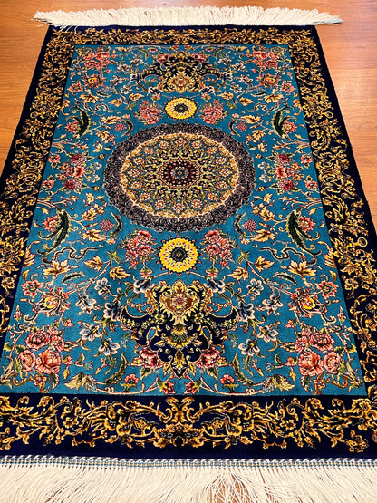 23” × 35” Luxury Turkish Bamboo Silk Rug – Turquoise Blue & Navy Gold Floral Medallion Accent Rug