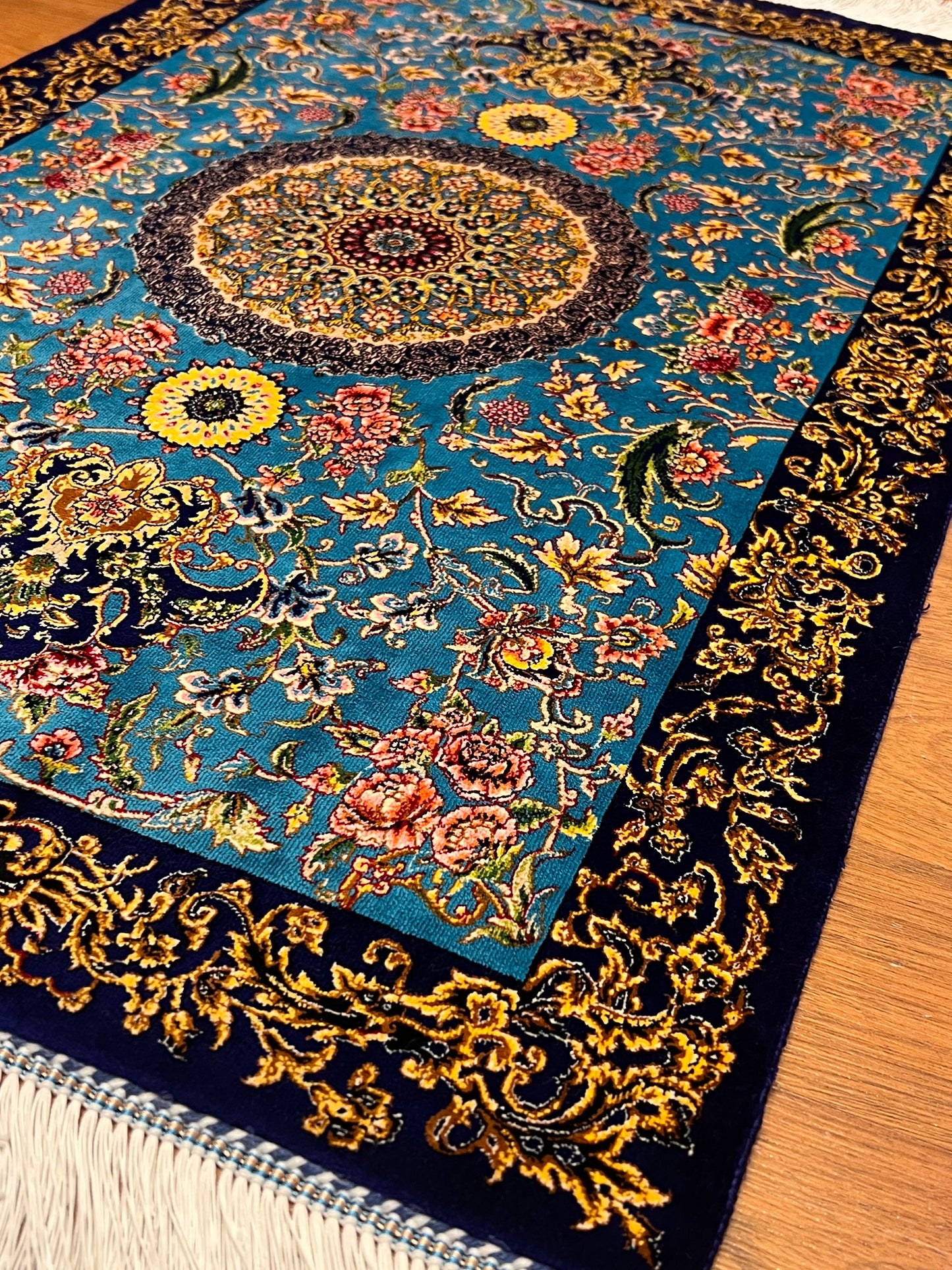 23” × 35” Luxury Turkish Bamboo Silk Rug – Turquoise Blue & Navy Gold Floral Medallion Accent Rug