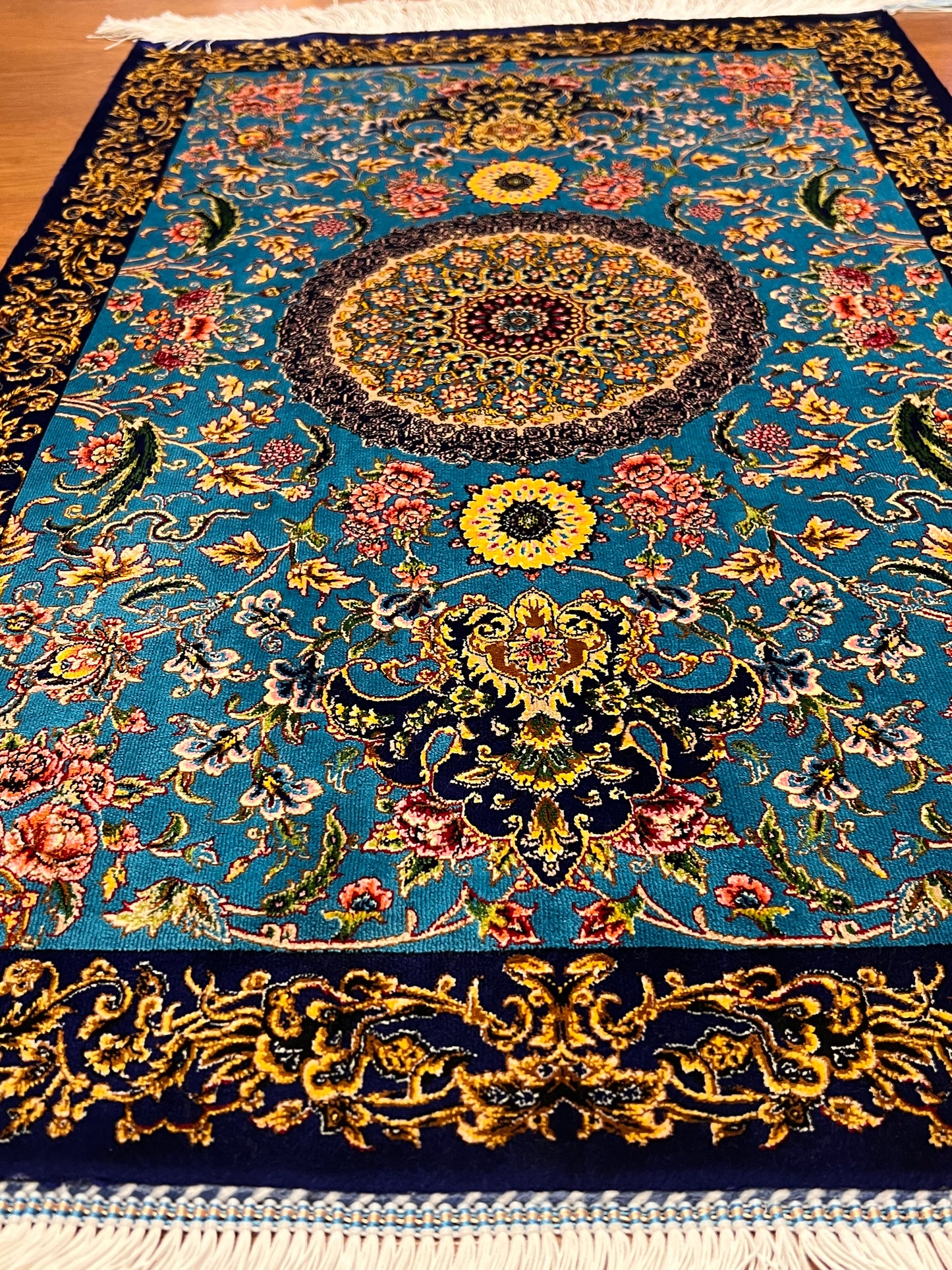 23” × 35” Luxury Turkish Bamboo Silk Rug – Turquoise Blue & Navy Gold Floral Medallion Accent Rug
