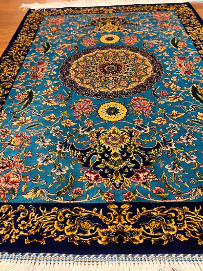 23” × 35” Luxury Turkish Bamboo Silk Rug – Turquoise Blue & Navy Gold Floral Medallion Accent Rug