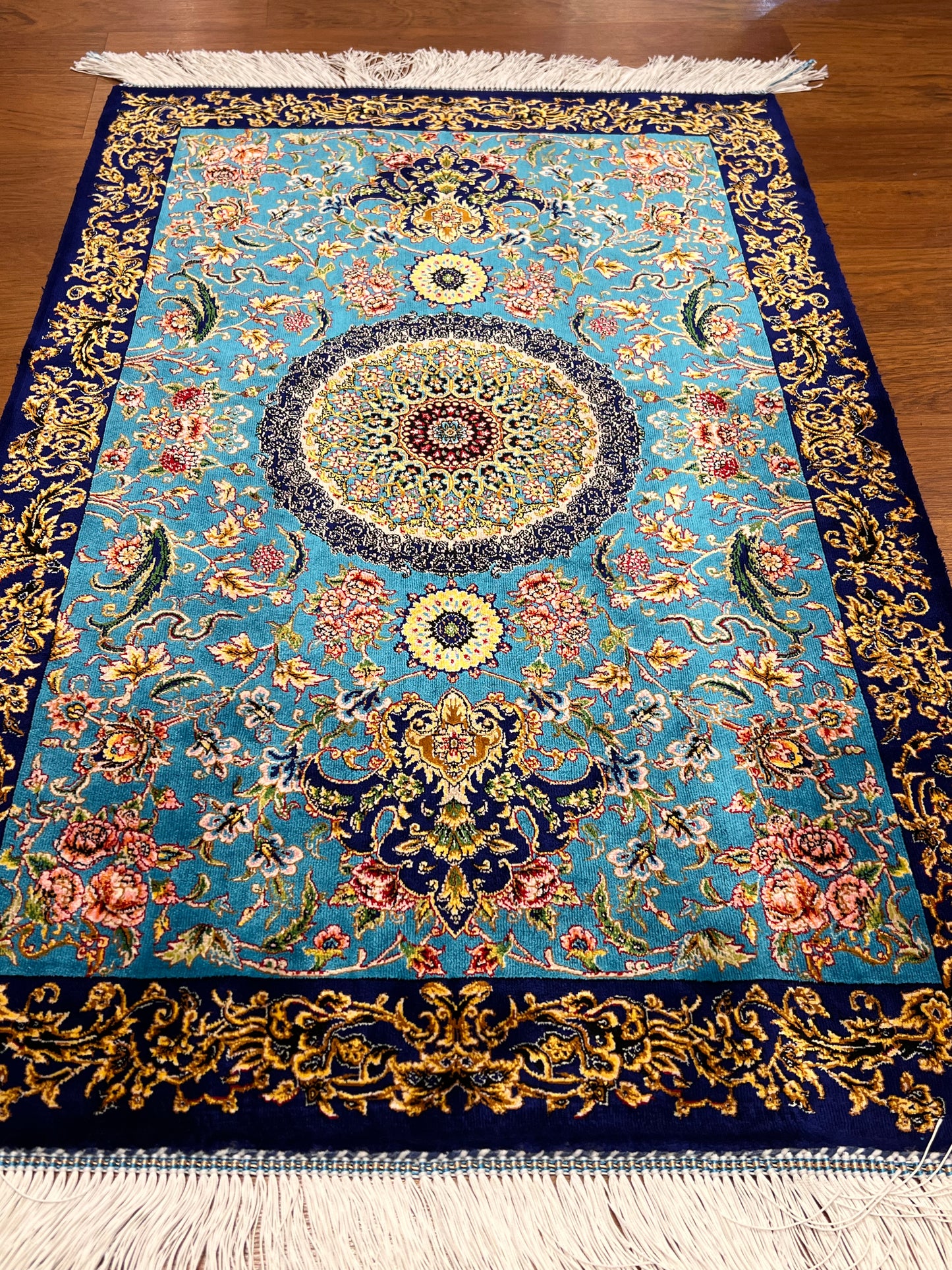 23” × 35” Luxury Turkish Bamboo Silk Rug – Turquoise Blue & Navy Gold Floral Medallion Accent Rug
