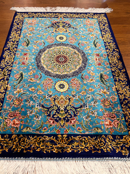 23” × 35” Luxury Turkish Bamboo Silk Rug – Turquoise Blue & Navy Gold Floral Medallion Accent Rug