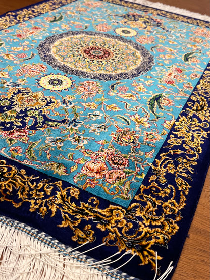 23” × 35” Luxury Turkish Bamboo Silk Rug – Turquoise Blue & Navy Gold Floral Medallion Accent Rug