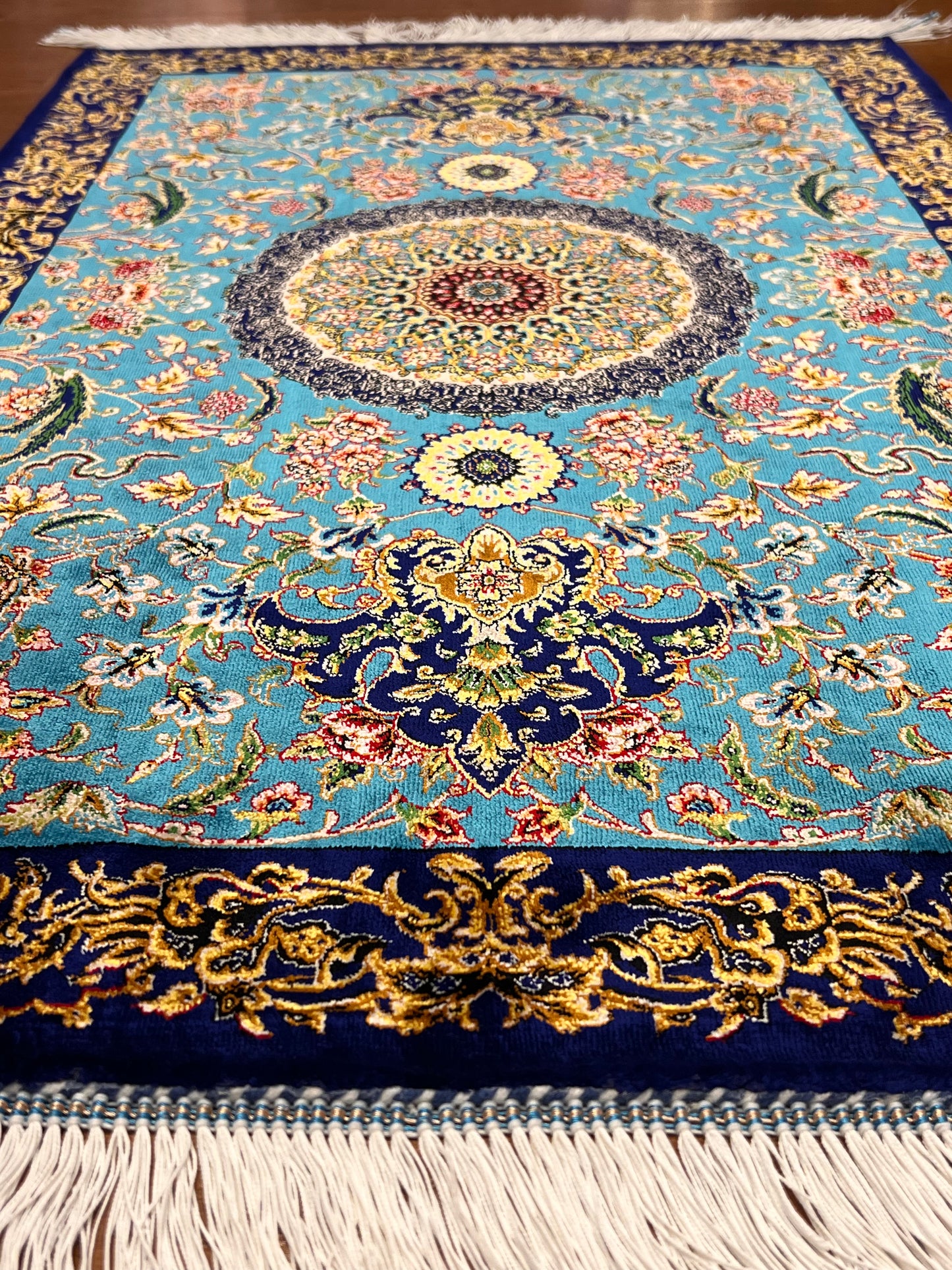 23” × 35” Luxury Turkish Bamboo Silk Rug – Turquoise Blue & Navy Gold Floral Medallion Accent Rug