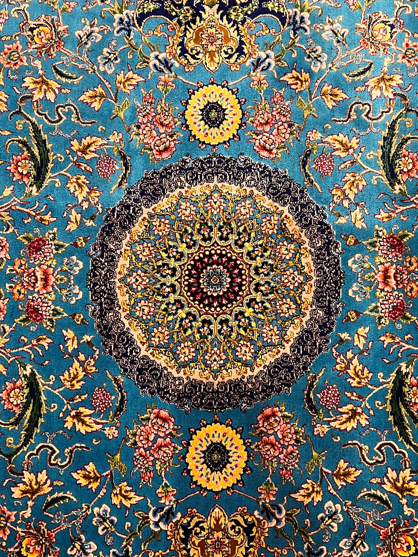 23” × 35” Luxury Turkish Bamboo Silk Rug – Turquoise Blue & Navy Gold Floral Medallion Accent Rug
