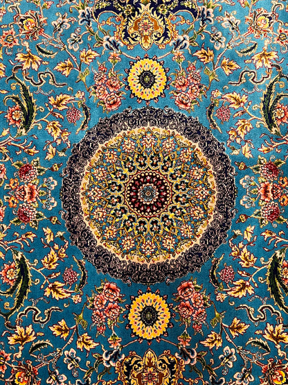 23” × 35” Luxury Turkish Bamboo Silk Rug – Turquoise Blue & Navy Gold Floral Medallion Accent Rug