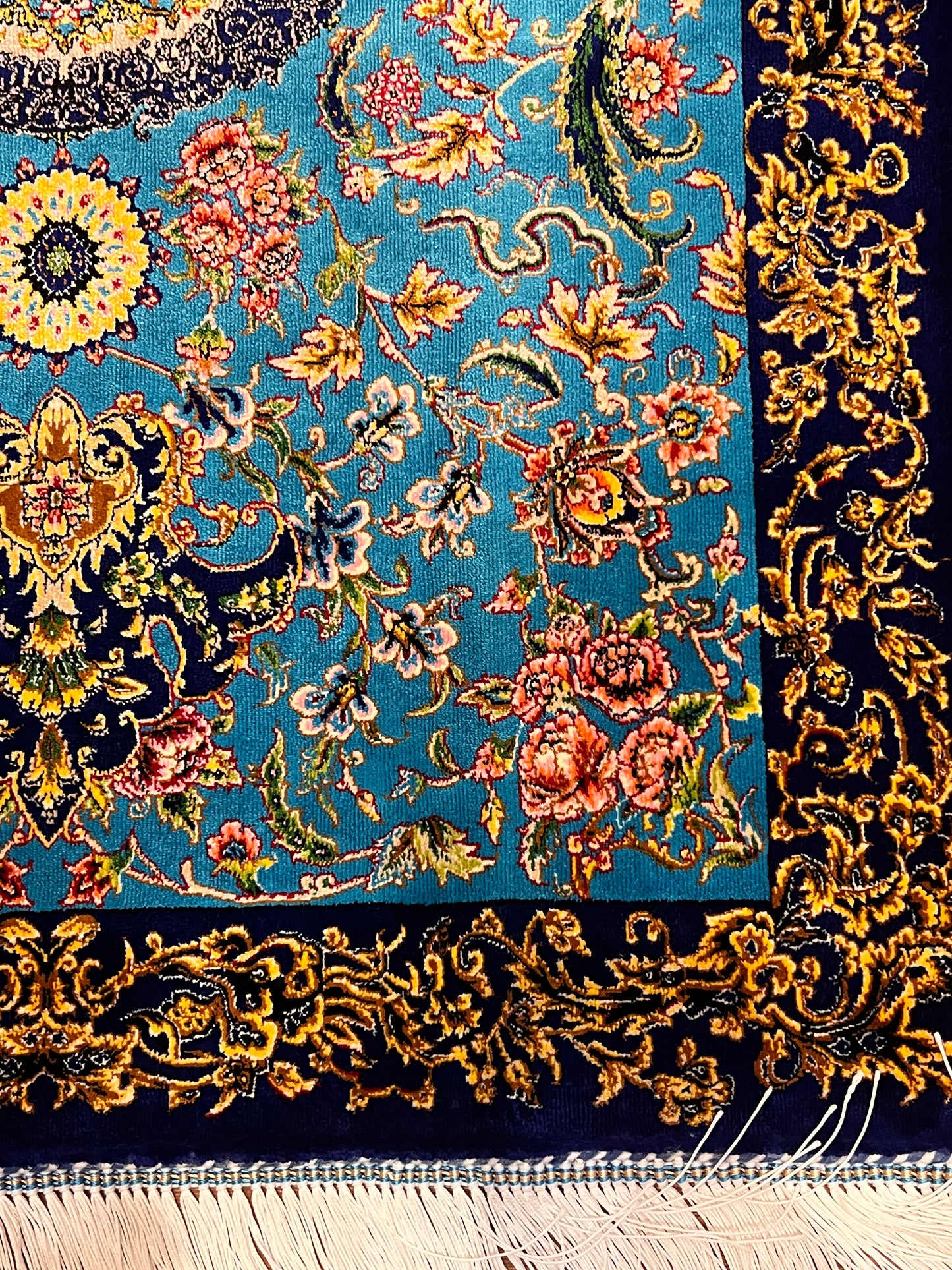 23” × 35” Luxury Turkish Bamboo Silk Rug – Turquoise Blue & Navy Gold Floral Medallion Accent Rug