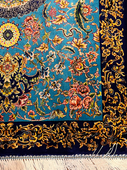 23” × 35” Luxury Turkish Bamboo Silk Rug – Turquoise Blue & Navy Gold Floral Medallion Accent Rug