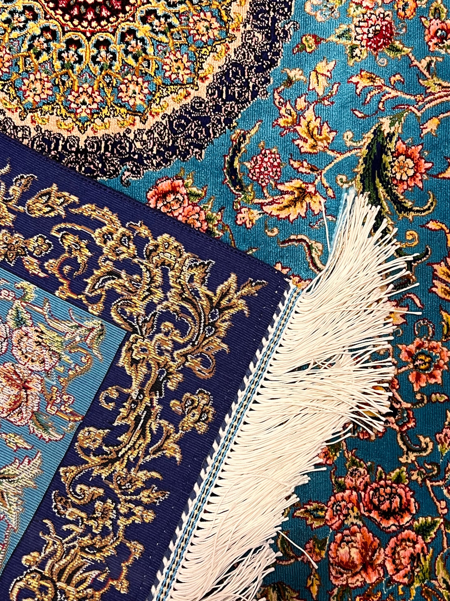 23” × 35” Luxury Turkish Bamboo Silk Rug – Turquoise Blue & Navy Gold Floral Medallion Accent Rug