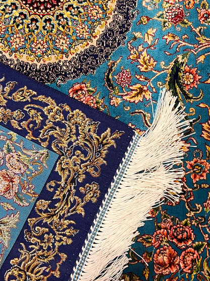 23” × 35” Luxury Turkish Bamboo Silk Rug – Turquoise Blue & Navy Gold Floral Medallion Accent Rug
