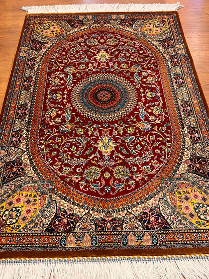 23” × 35” Luxury Turkish Bamboo Silk Rug – Ruby Red & Gold Floral Medallion, Elegant Small Accent Rug