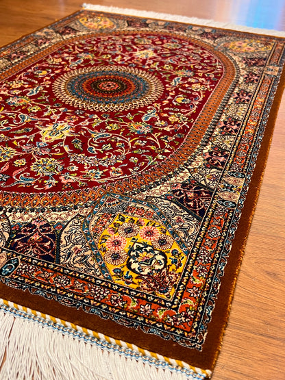 23” × 35” Luxury Turkish Bamboo Silk Rug – Ruby Red & Gold Floral Medallion, Elegant Small Accent Rug