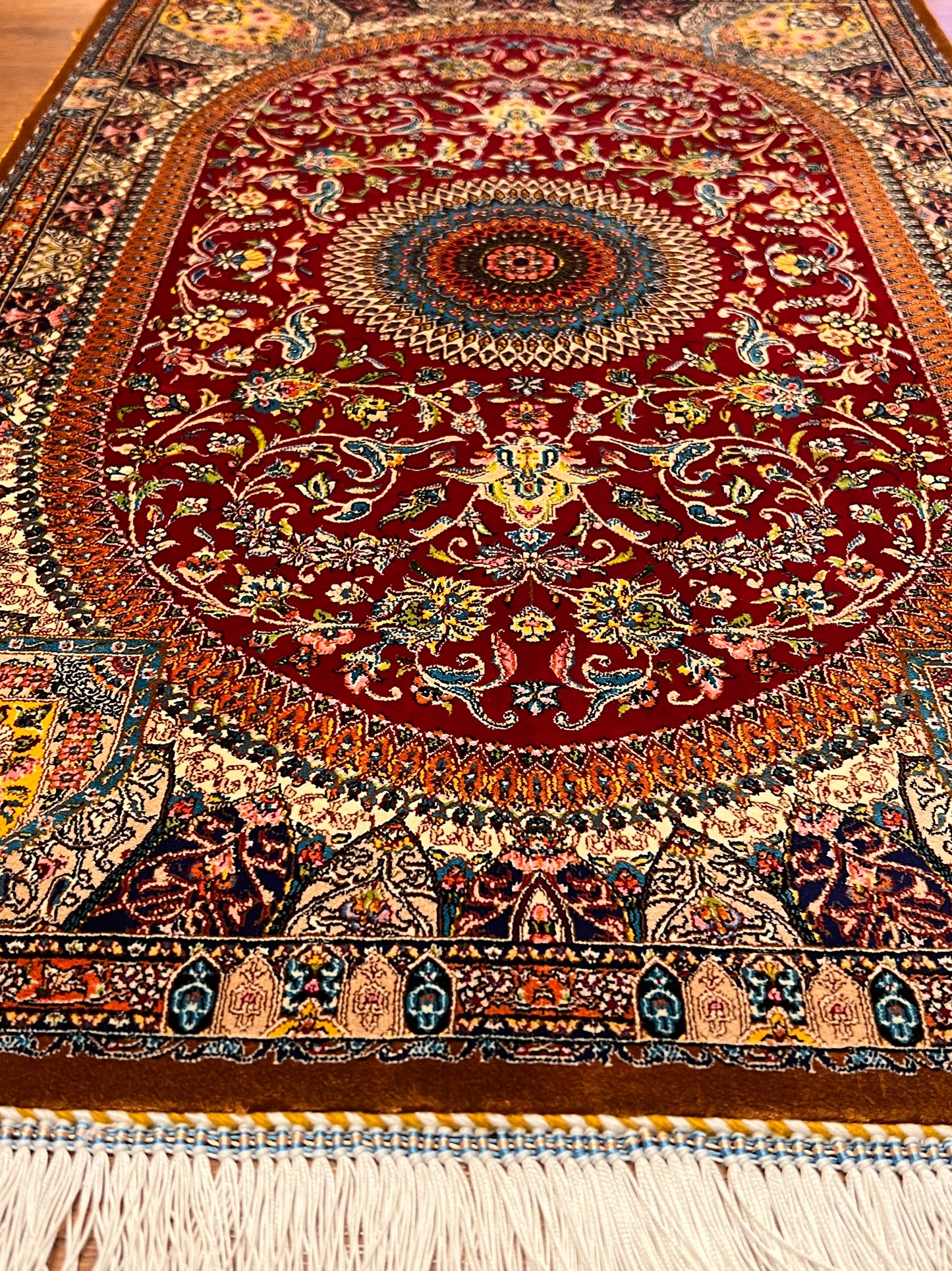 23” × 35” Luxury Turkish Bamboo Silk Rug – Ruby Red & Gold Floral Medallion, Elegant Small Accent Rug