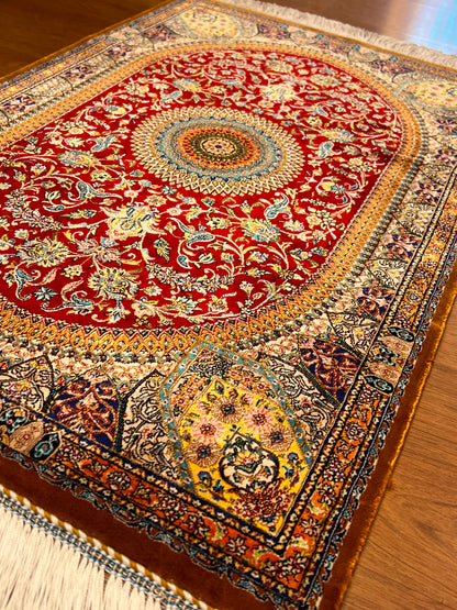 23” × 35” Luxury Turkish Bamboo Silk Rug – Ruby Red & Gold Floral Medallion, Elegant Small Accent Rug