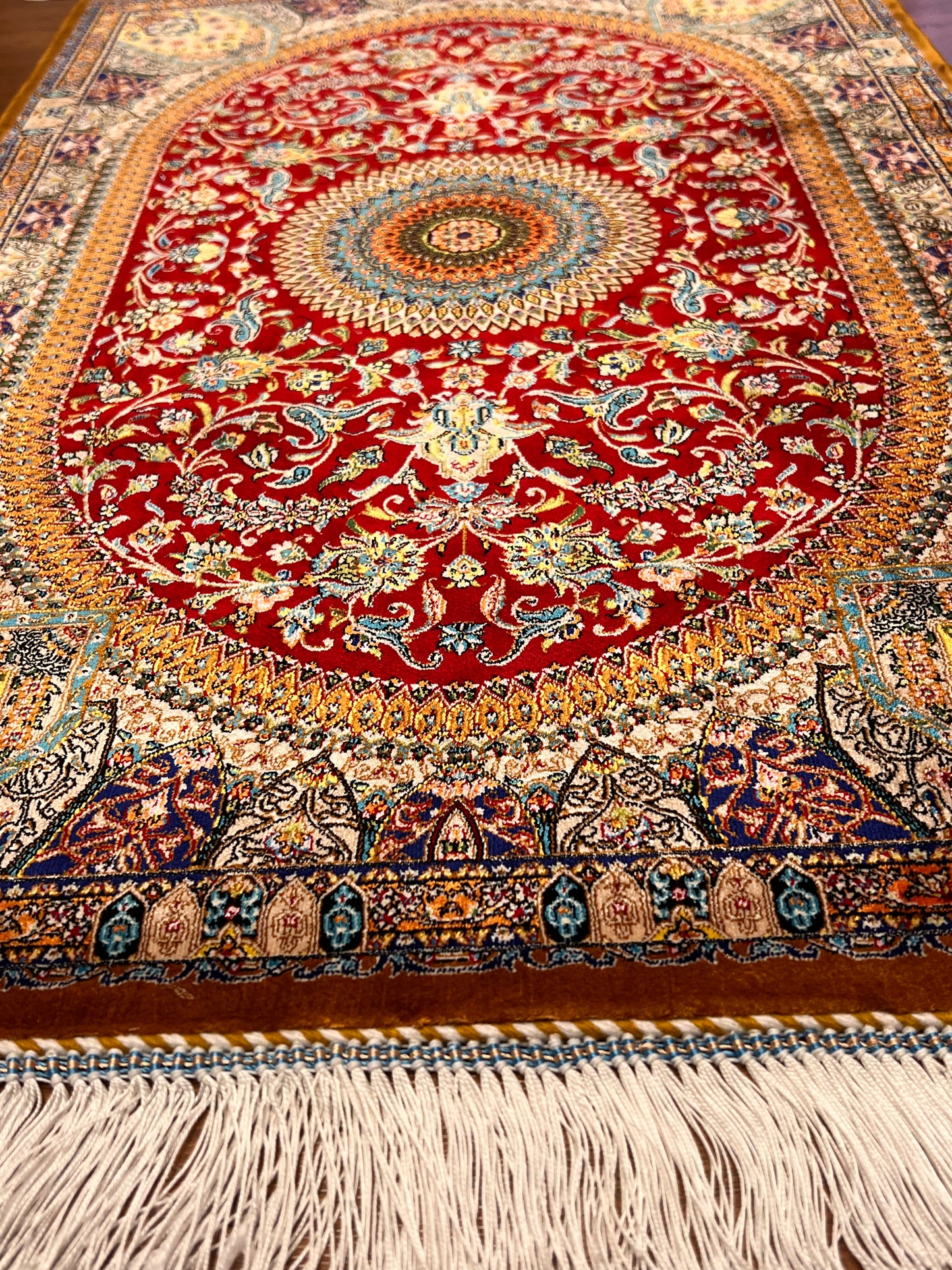 23” × 35” Luxury Turkish Bamboo Silk Rug – Ruby Red & Gold Floral Medallion, Elegant Small Accent Rug