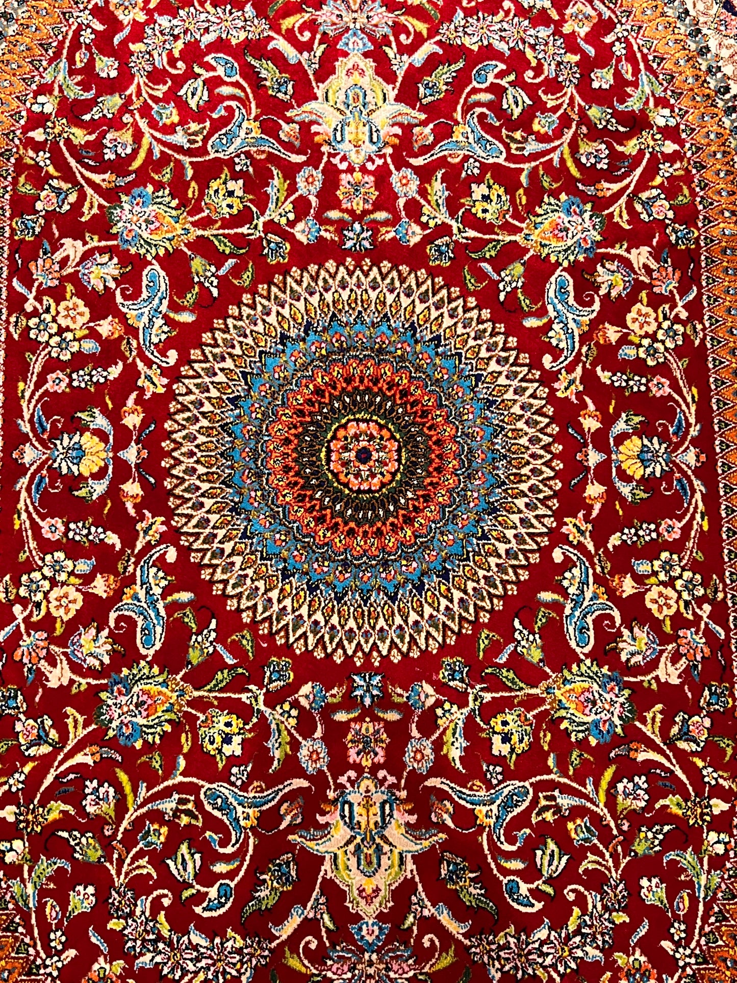 23” × 35” Luxury Turkish Bamboo Silk Rug – Ruby Red & Gold Floral Medallion, Elegant Small Accent Rug