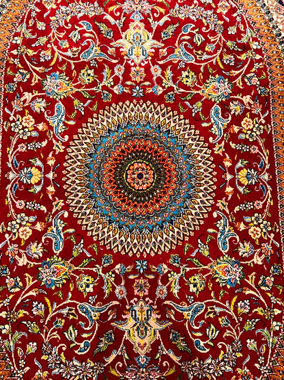 23” × 35” Luxury Turkish Bamboo Silk Rug – Ruby Red & Gold Floral Medallion, Elegant Small Accent Rug