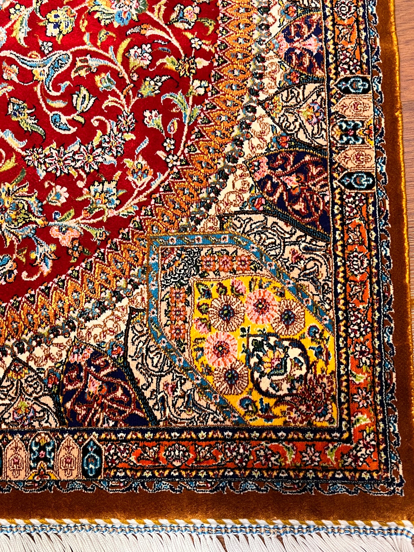 23” × 35” Luxury Turkish Bamboo Silk Rug – Ruby Red & Gold Floral Medallion, Elegant Small Accent Rug