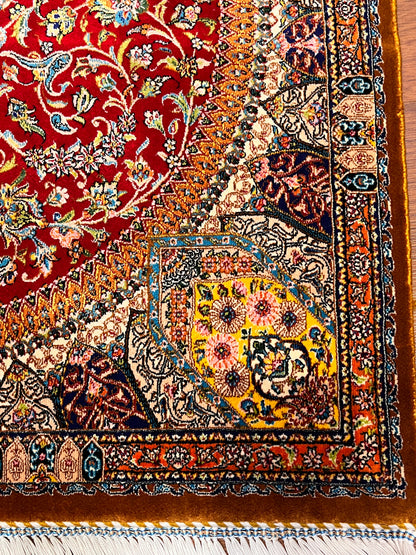 23” × 35” Luxury Turkish Bamboo Silk Rug – Ruby Red & Gold Floral Medallion, Elegant Small Accent Rug