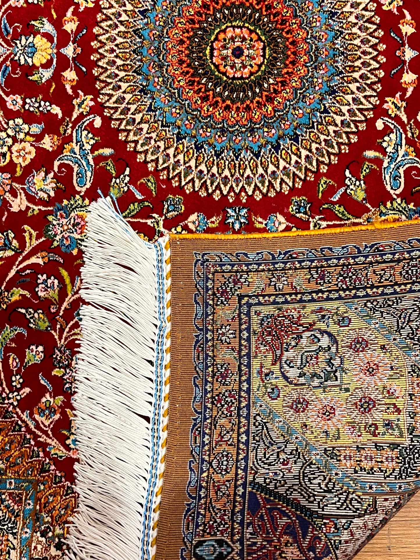 23” × 35” Luxury Turkish Bamboo Silk Rug – Ruby Red & Gold Floral Medallion, Elegant Small Accent Rug