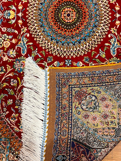 23” × 35” Luxury Turkish Bamboo Silk Rug – Ruby Red & Gold Floral Medallion, Elegant Small Accent Rug