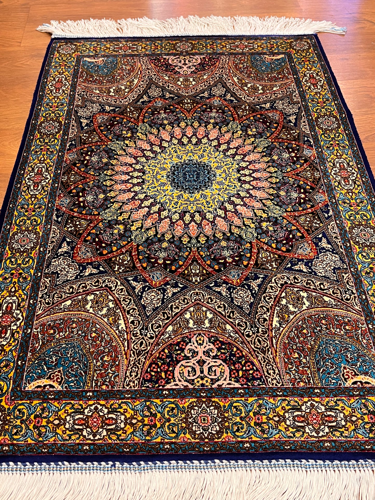 23” × 35” Luxury Turkish Bamboo Silk Rug – Navy Blue & Gold Geometric Lotus Medallion Accent Rug
