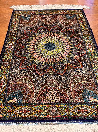 23” × 35” Luxury Turkish Bamboo Silk Rug – Navy Blue & Gold Geometric Lotus Medallion Accent Rug
