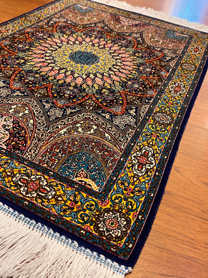 23” × 35” Luxury Turkish Bamboo Silk Rug – Navy Blue & Gold Geometric Lotus Medallion Accent Rug