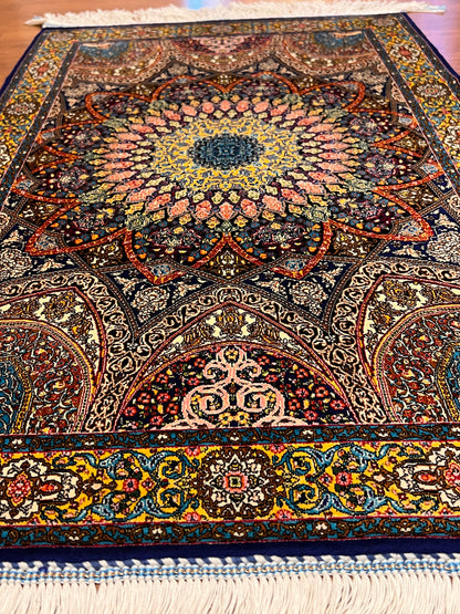 23” × 35” Luxury Turkish Bamboo Silk Rug – Navy Blue & Gold Geometric Lotus Medallion Accent Rug