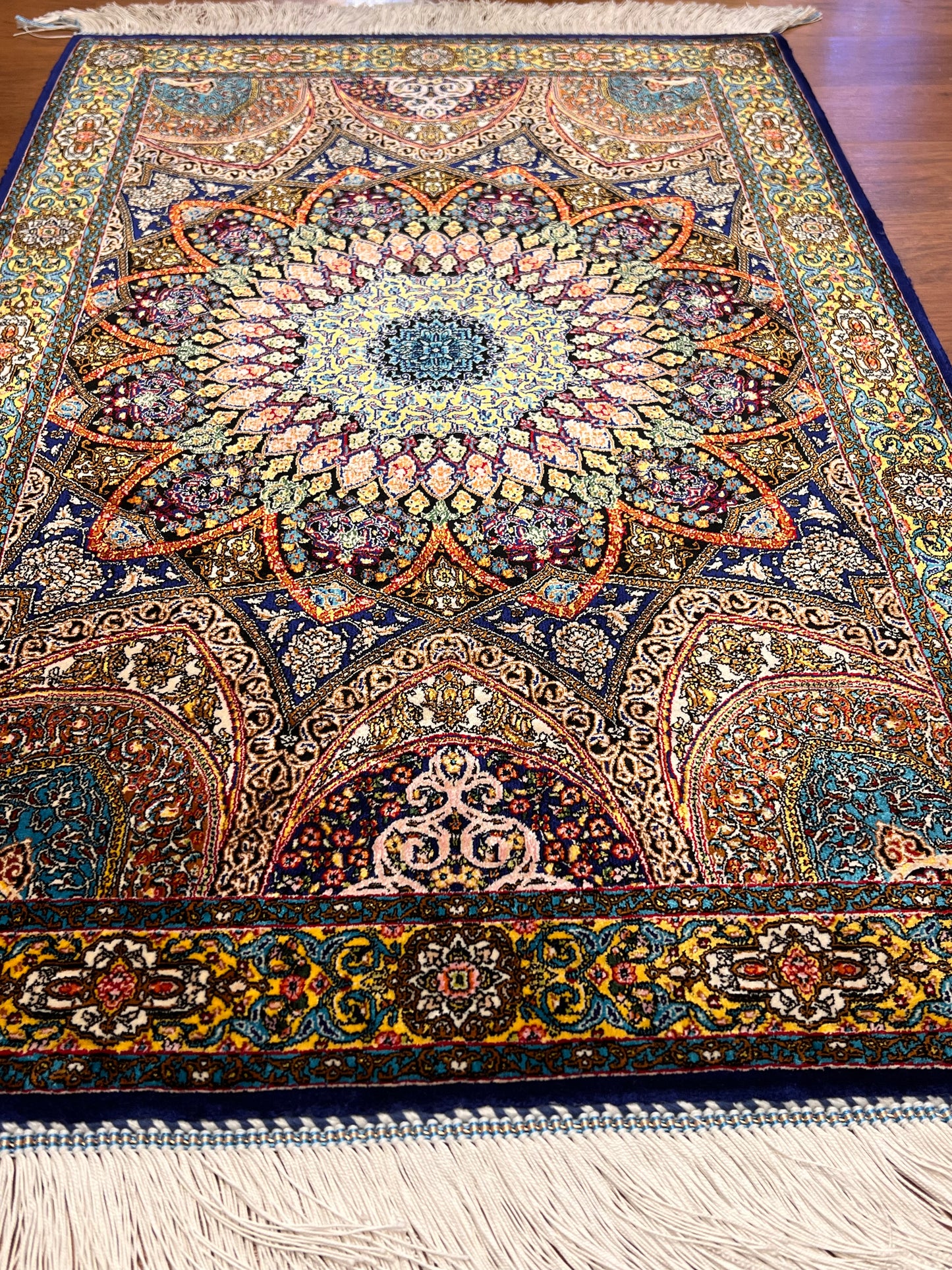 23” × 35” Luxury Turkish Bamboo Silk Rug – Navy Blue & Gold Geometric Lotus Medallion Accent Rug