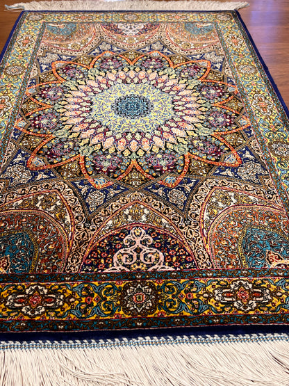 23” × 35” Luxury Turkish Bamboo Silk Rug – Navy Blue & Gold Geometric Lotus Medallion Accent Rug