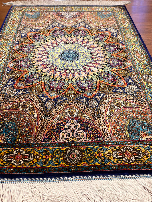 23” × 35” Luxury Turkish Bamboo Silk Rug – Navy Blue & Gold Geometric Lotus Medallion Accent Rug