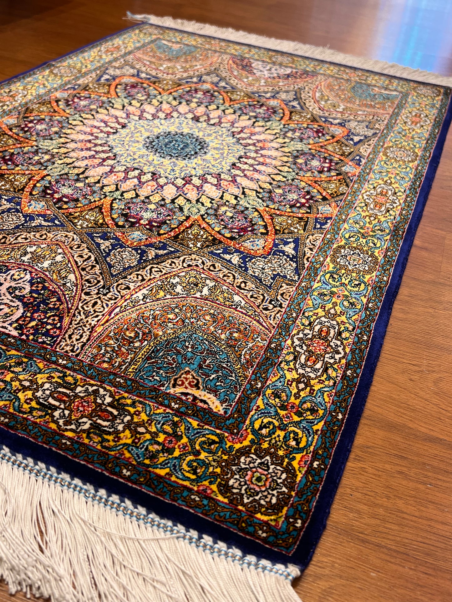 23” × 35” Luxury Turkish Bamboo Silk Rug – Navy Blue & Gold Geometric Lotus Medallion Accent Rug