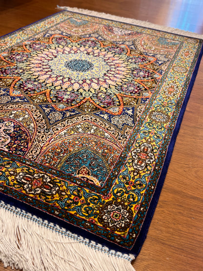 23” × 35” Luxury Turkish Bamboo Silk Rug – Navy Blue & Gold Geometric Lotus Medallion Accent Rug